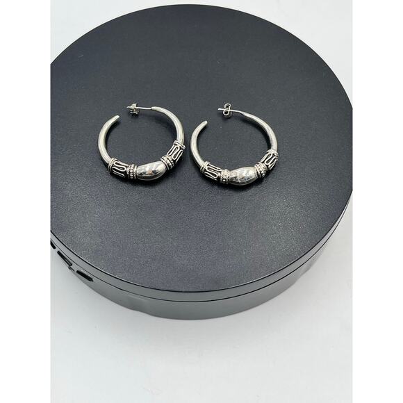 Sterling Silver 925 Balinese Oxidized Finish Post Clutch Back Hoop Earrings - Picture 5 of 8